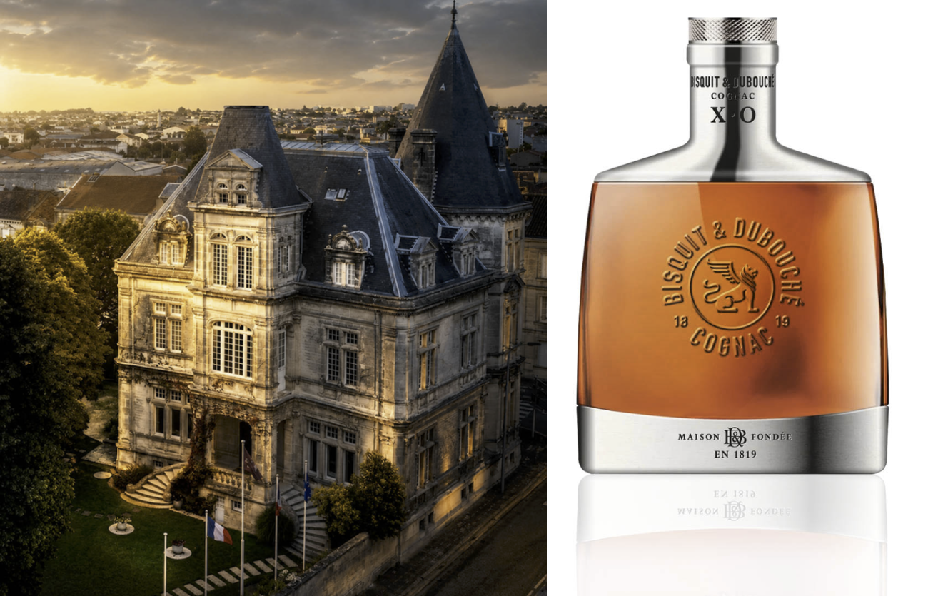 Château Bisquit in the Cognac region alongside a bottle of Bisquit & Dubouché XO Cognac