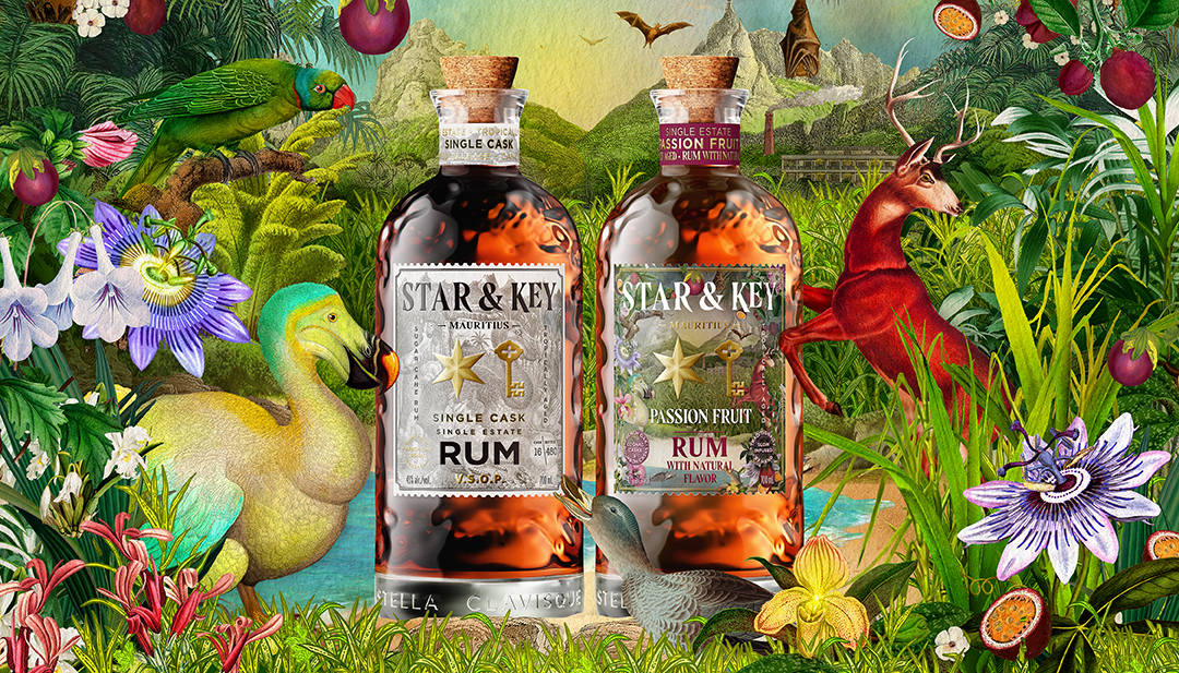 Star and Key Rum Bottles amongst an array of tropical foliage.